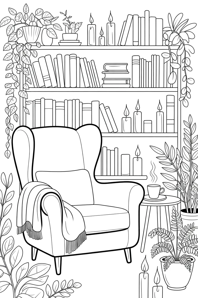Cozy reading nook Design 3 - Cozy Reading Nook Coloring Pages Free Printable - Relaxing