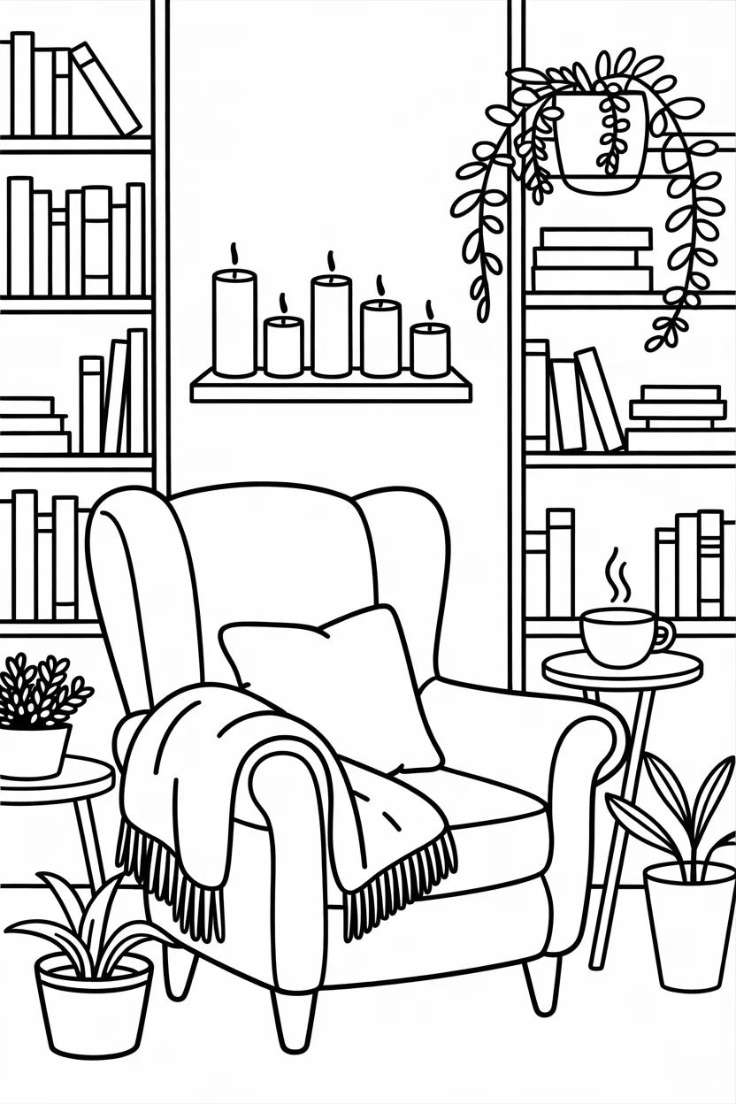 Cozy reading nook Design 4 - Cozy Reading Nook Coloring Pages Free Printable - Relaxing