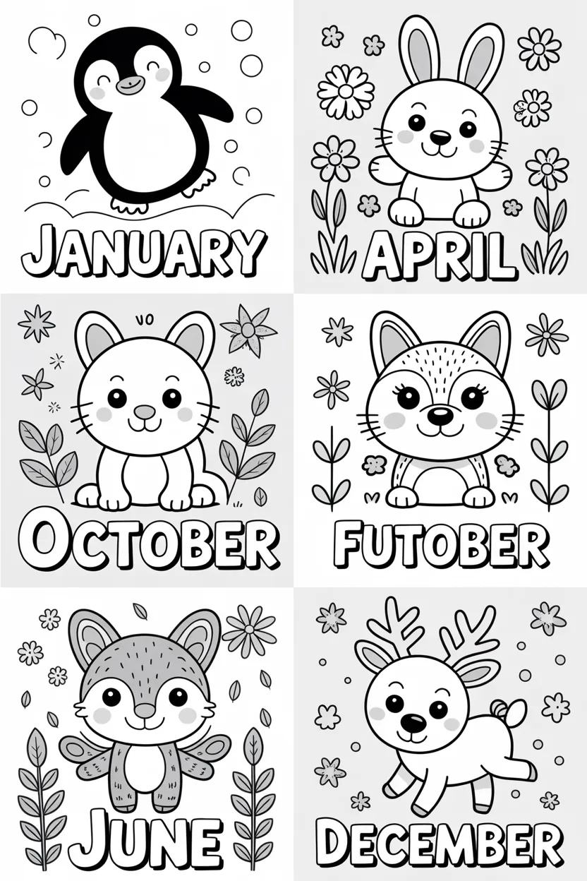 Cute animal month name Design 1 - Cute Animal Month Name Coloring Pages Free Printable