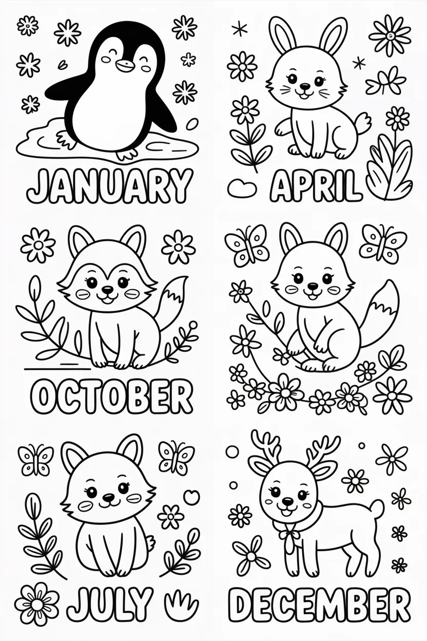 Cute animal month name Design 3 - Cute Animal Month Name Coloring Pages Free Printable