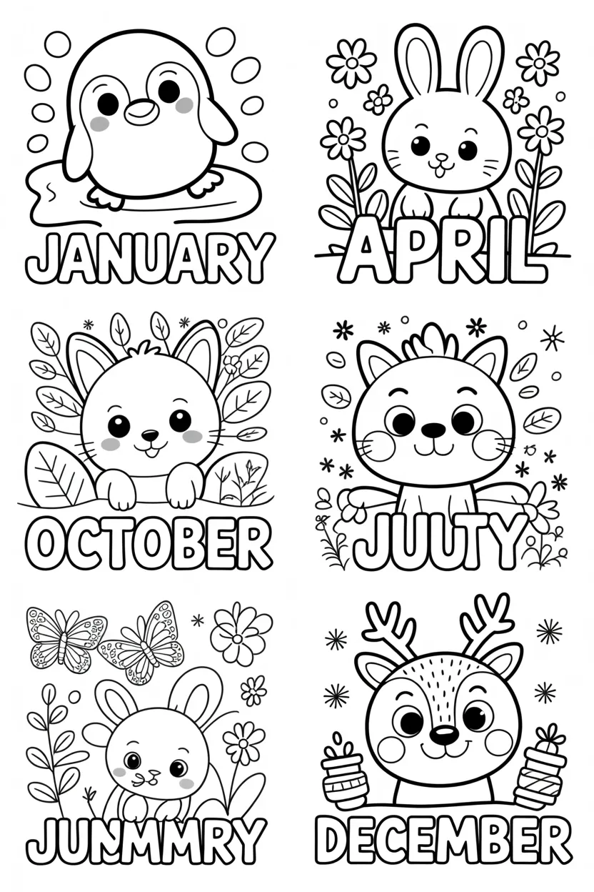 Cute animal month name Design 4 - Cute Animal Month Name Coloring Pages Free Printable