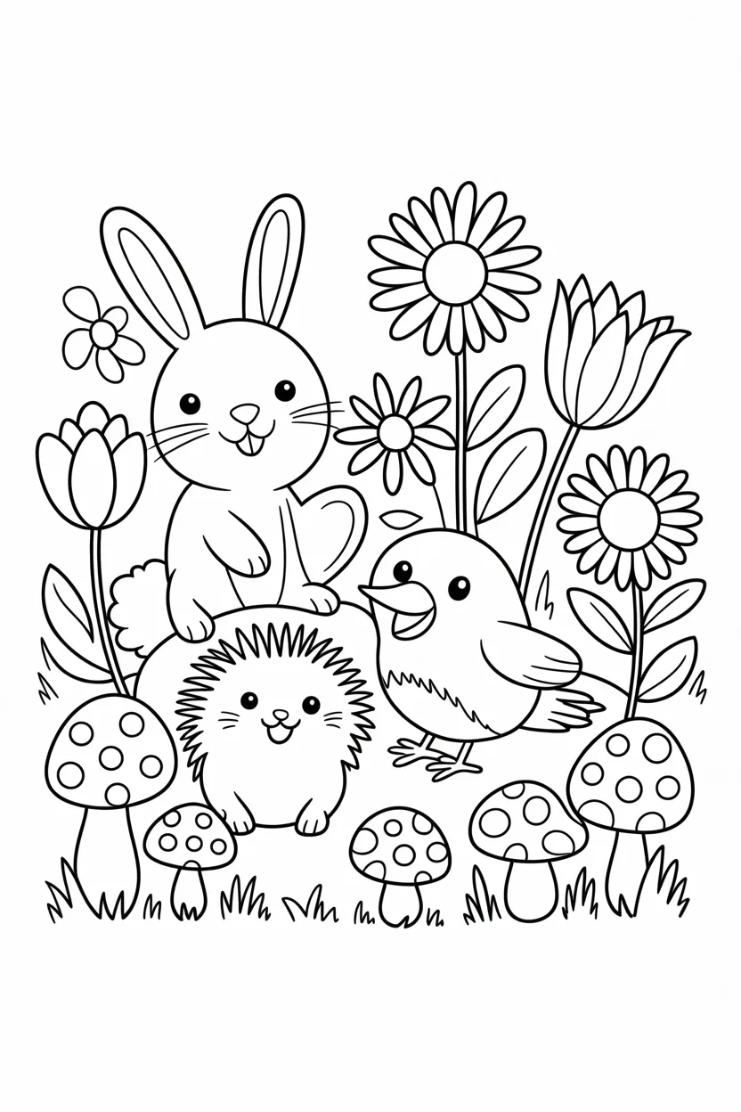 Cute garden animals Design 1 - Cute Garden Animals Coloring Pages Free Printable for Kids