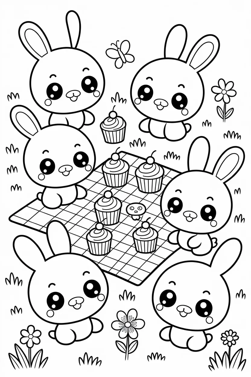 Cute kawaii animals picnic Design 1 - Cute Kawaii Animals Picnic Coloring Pages Free Printable