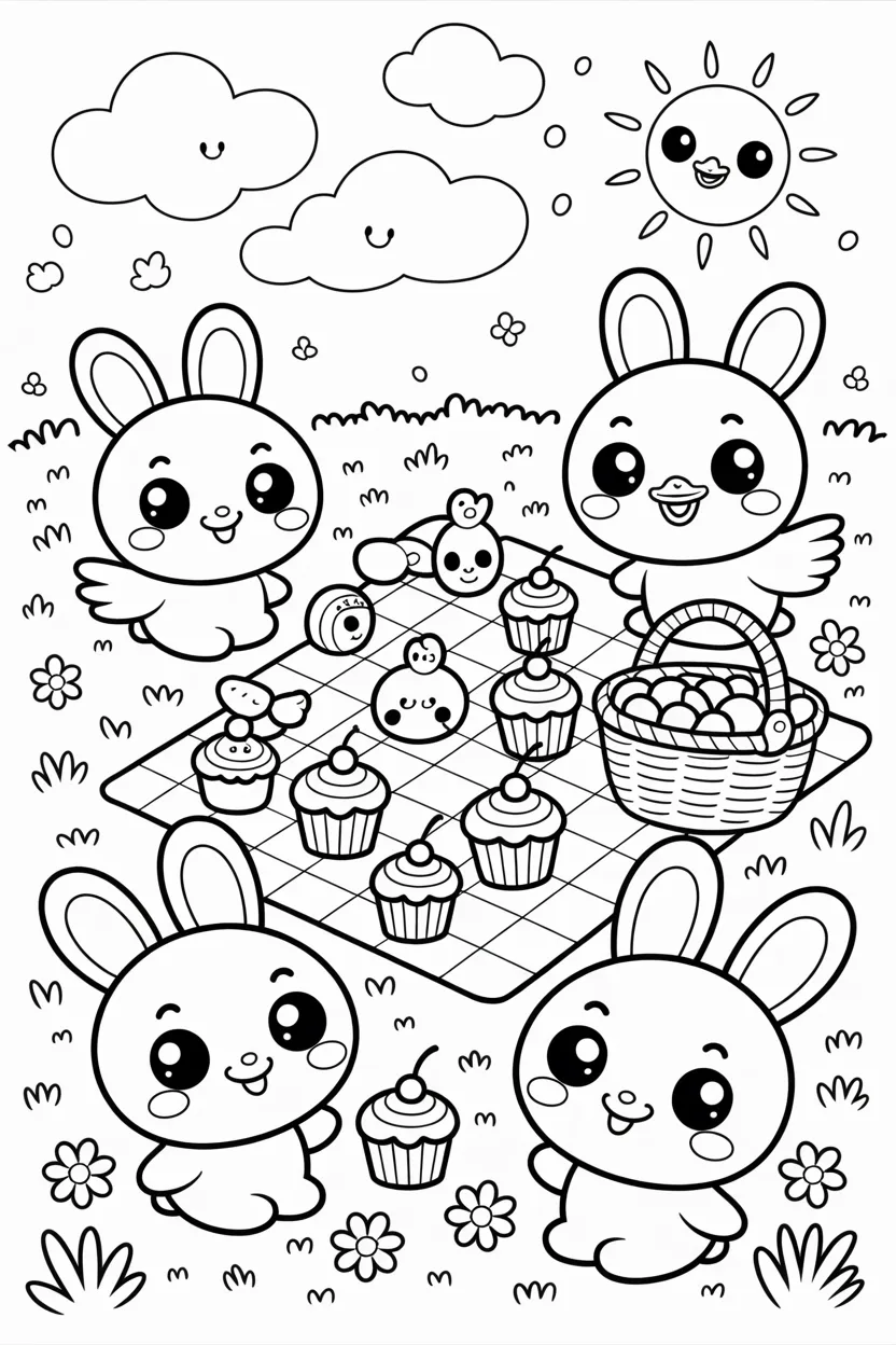 Cute kawaii animals picnic Design 2 - Cute Kawaii Animals Picnic Coloring Pages Free Printable