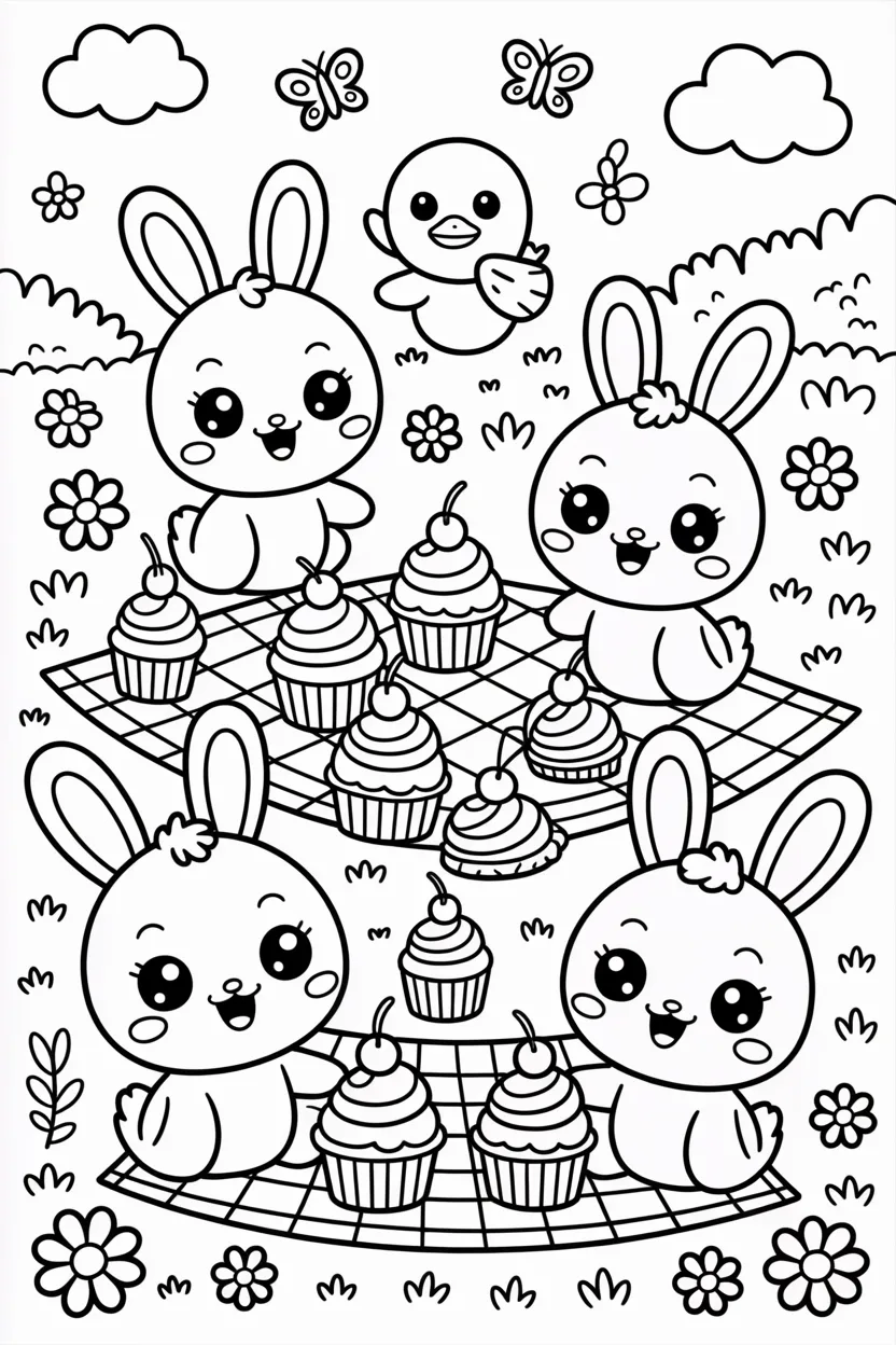 Cute kawaii animals picnic Design 3 - Cute Kawaii Animals Picnic Coloring Pages Free Printable