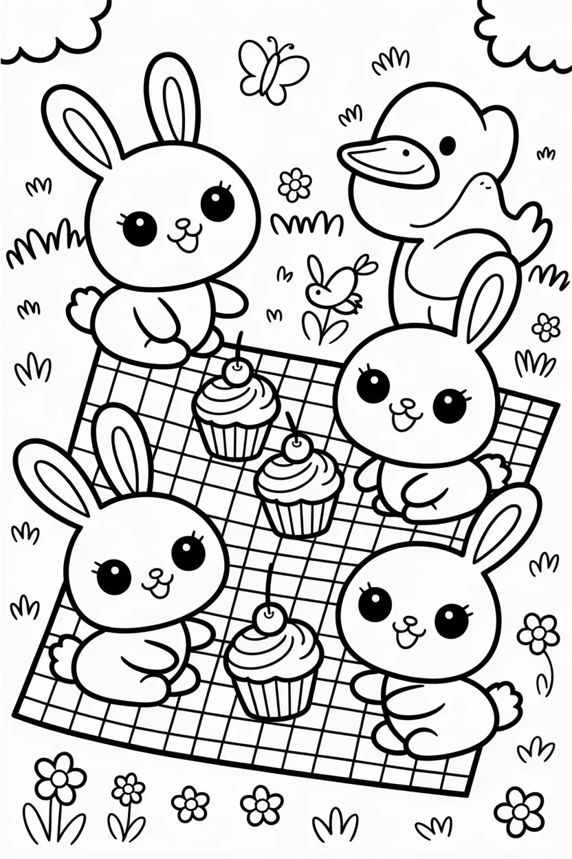 Cute kawaii animals picnic Design 4 - Cute Kawaii Animals Picnic Coloring Pages Free Printable