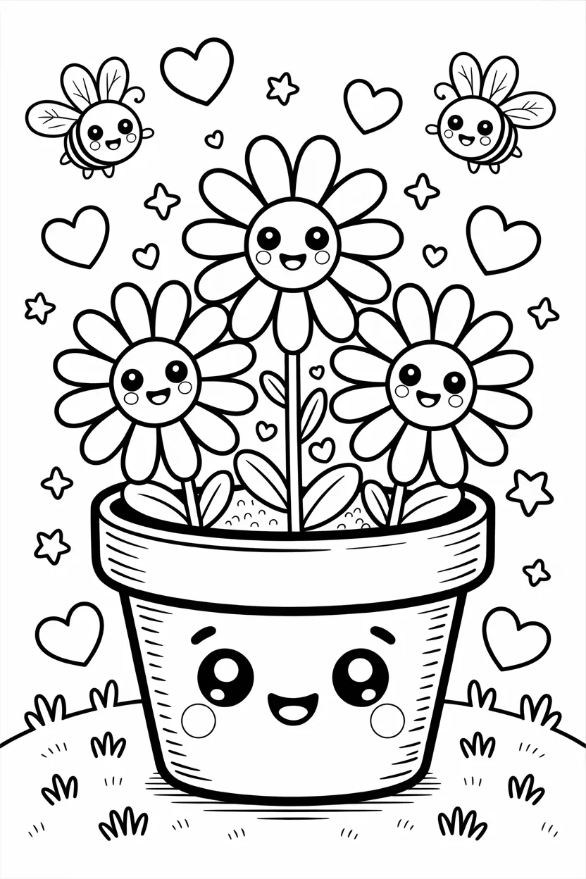 Cute kawaii flowers pot Design 1 - cute kawaii flowers pot coloring pages free printable