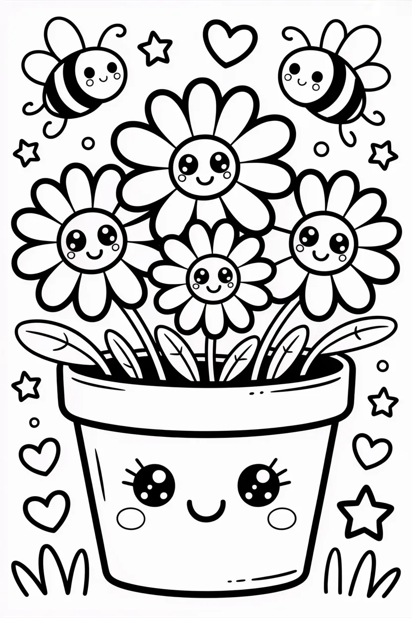 Cute kawaii flowers pot Design 2 - cute kawaii flowers pot coloring pages free printable