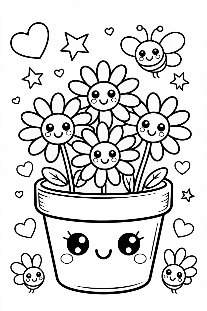 Cute kawaii flowers pot Design 3 - cute kawaii flowers pot coloring pages free printable