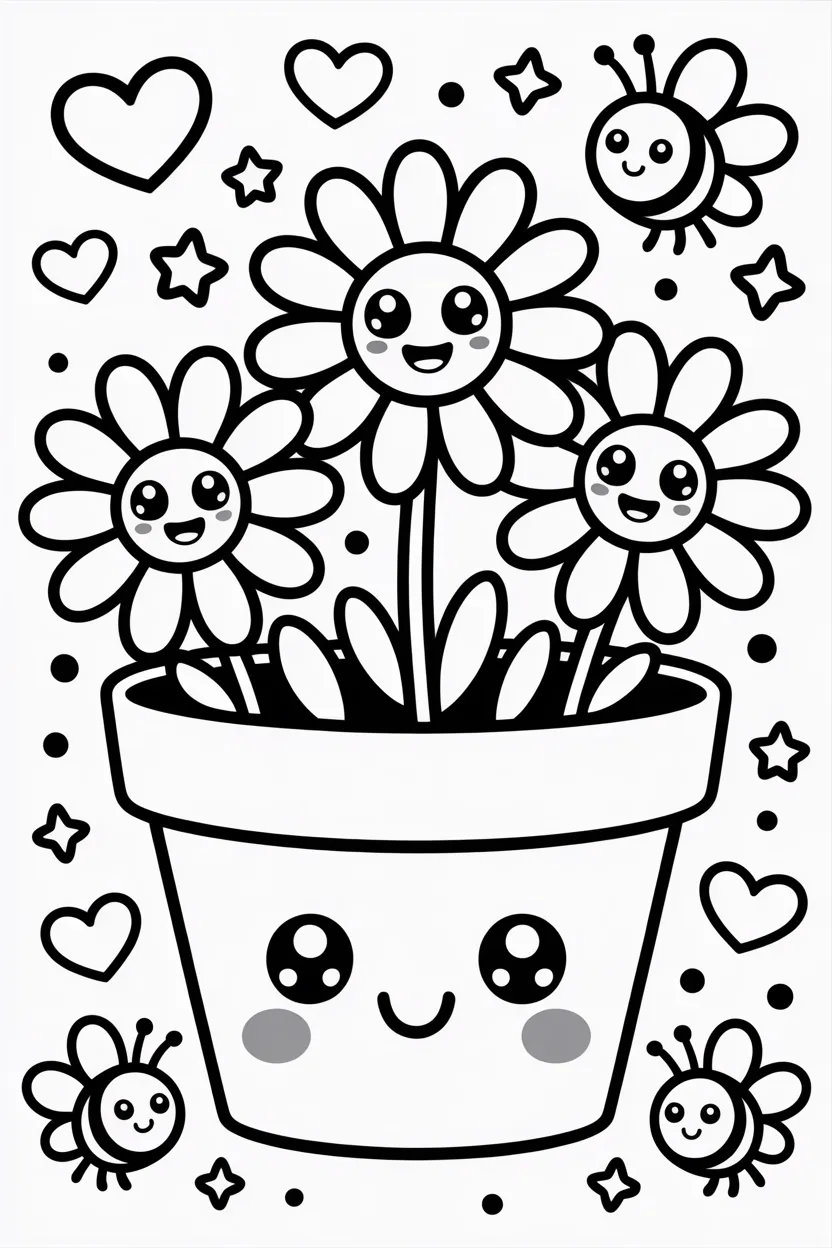 Cute kawaii flowers pot Design 4 - cute kawaii flowers pot coloring pages free printable