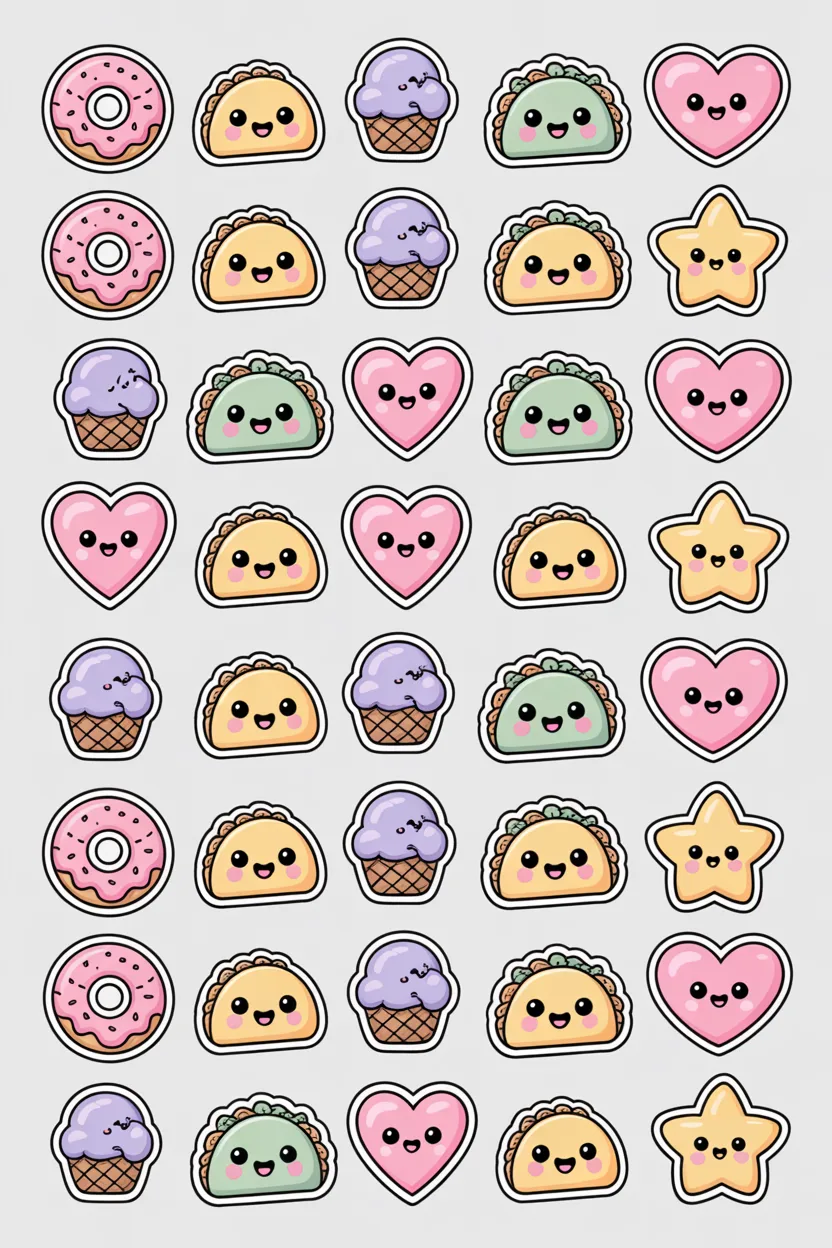 Cute kawaii sticker set Design 1 - Cute Kawaii Sticker Set Free Printable - High Resolution
