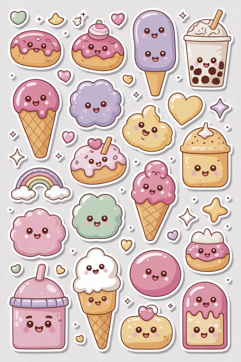 Cute kawaii sticker set Design 2 - Cute Kawaii Sticker Set Free Printable - High Resolution