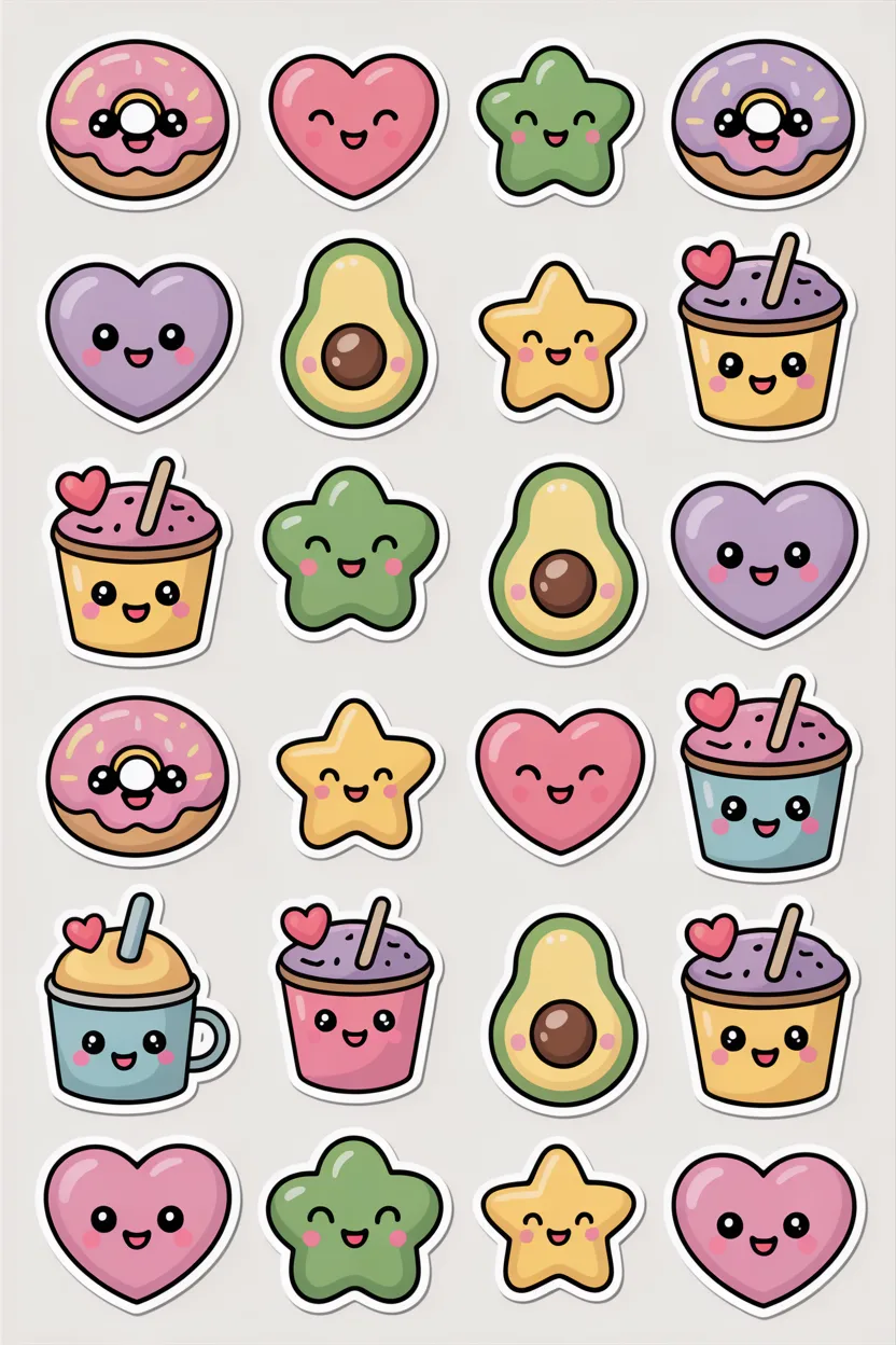 Cute kawaii sticker set Design 4 - Cute Kawaii Sticker Set Free Printable - High Resolution