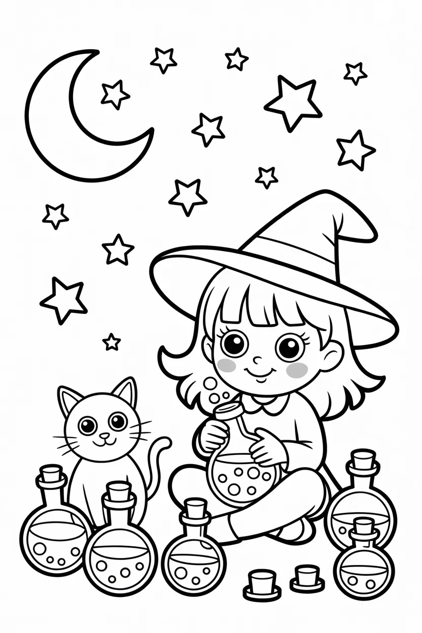 Cute witch girl Design 1 - Cute Witch Girl Coloring Pages Free Printable for Kids