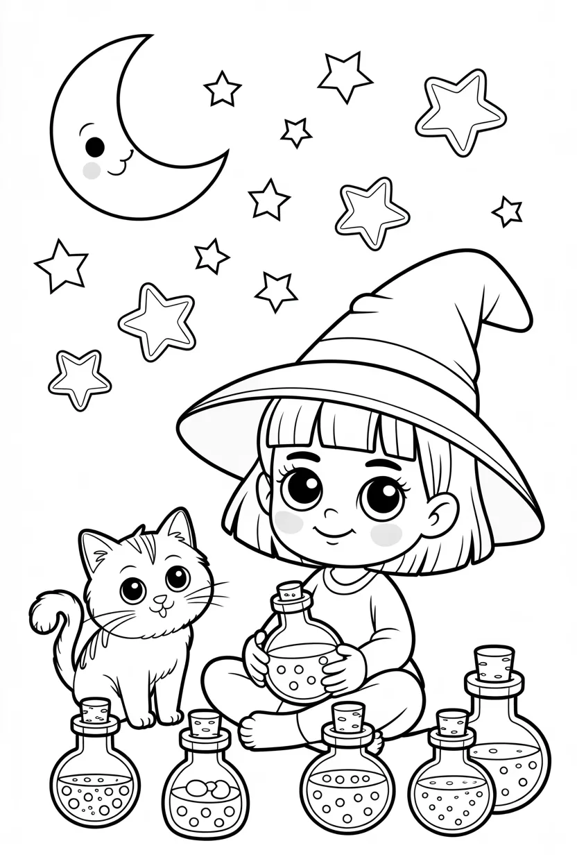 Cute witch girl Design 2 - Cute Witch Girl Coloring Pages Free Printable for Kids