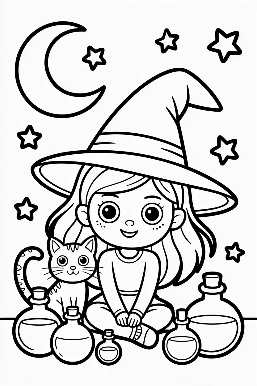 Cute witch girl Design 3 - Cute Witch Girl Coloring Pages Free Printable for Kids