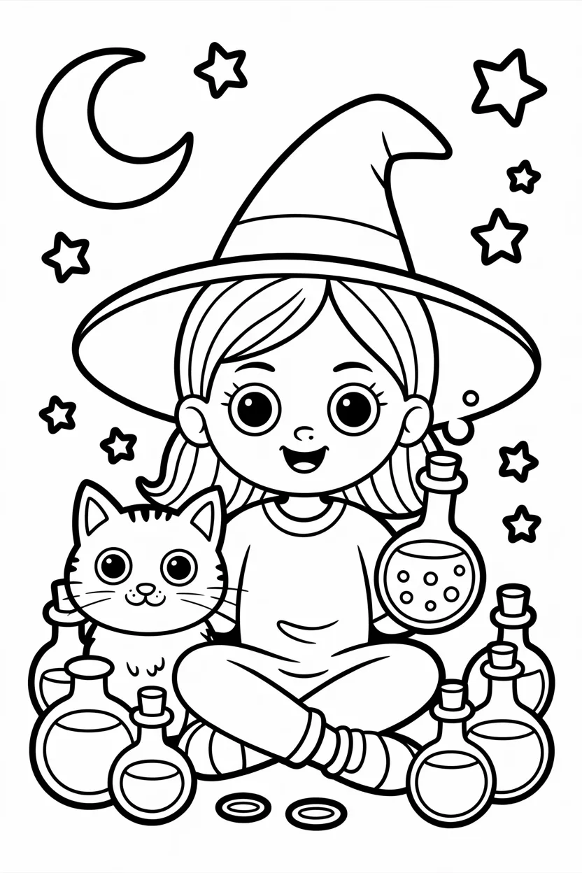 Cute witch girl Design 4 - Cute Witch Girl Coloring Pages Free Printable for Kids