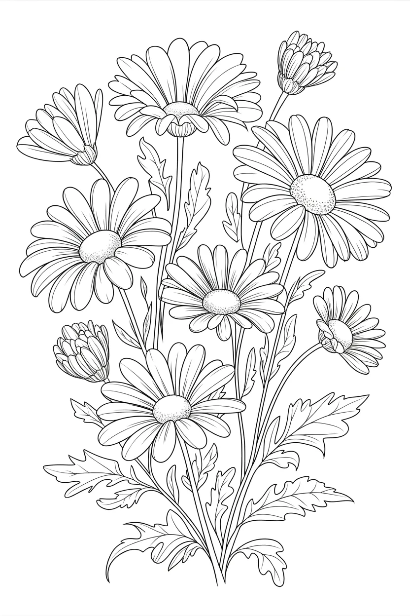Daisy flowers Design 7 - Daisy Flowers Coloring Pages Free Printable - Relaxing