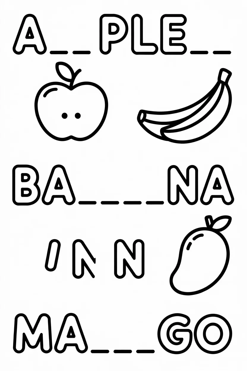 Fill missing letters Design 1 - Kids Fill in the Missing Letters Coloring Worksheets Free