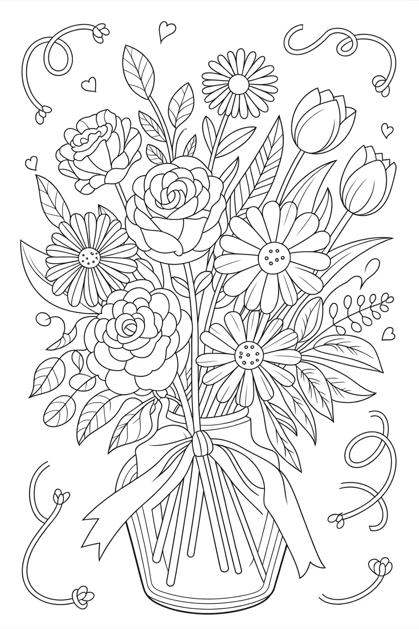 Flowers bouquet Design 1 - Flowers Bouquet Coloring Pages Free Printable - Beautiful