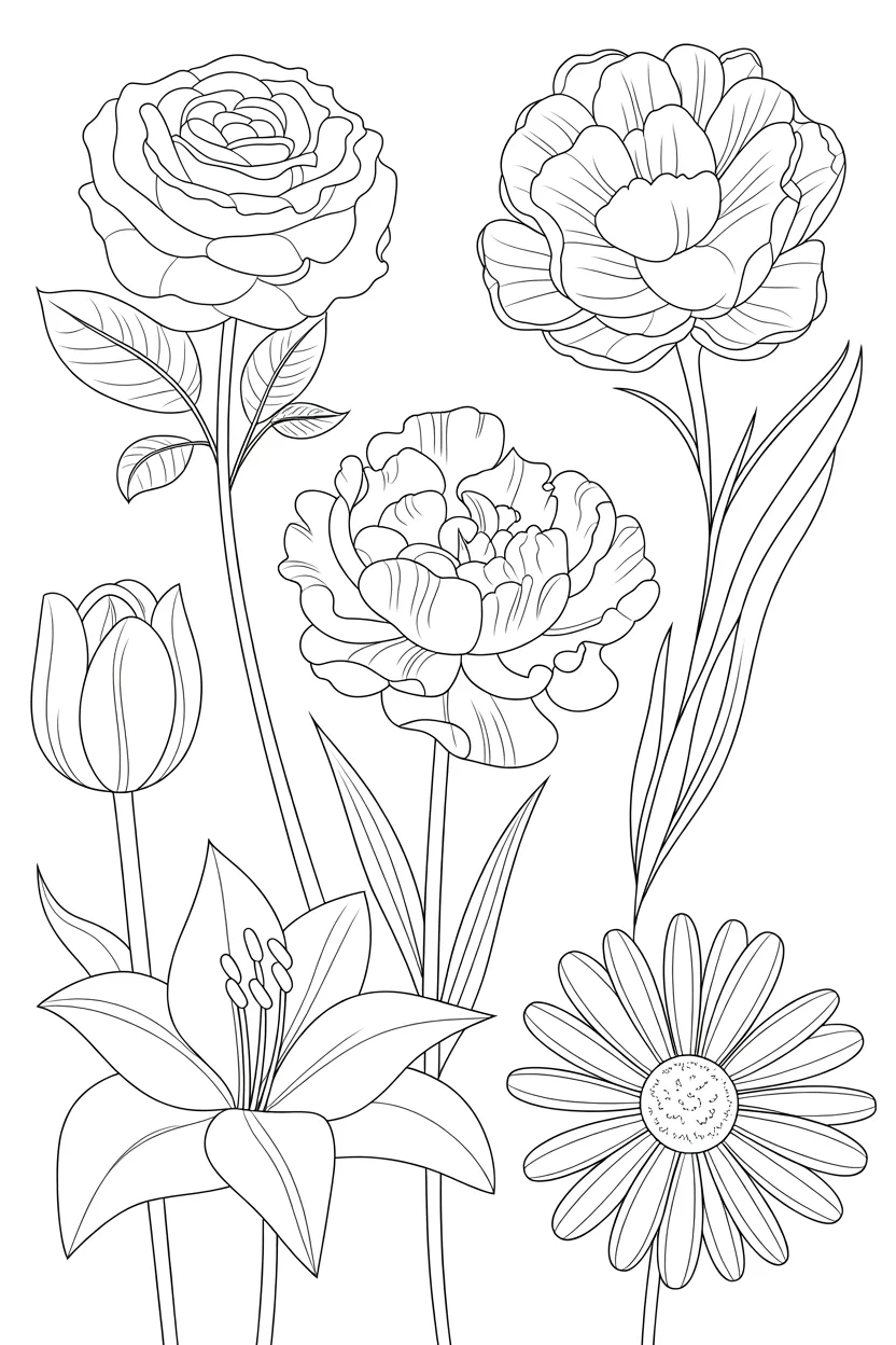 Flowers Design 1 - Flowers Coloring Pages Free Printable - Rose, Lily
