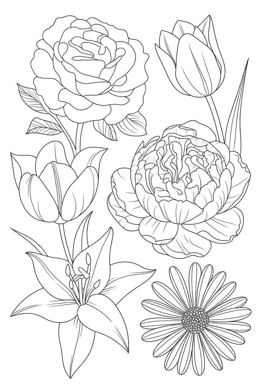 Flowers Design 2 - Flowers Coloring Pages Free Printable - Rose, Lily