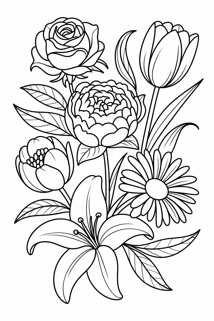Flowers Design 3 - Flowers Coloring Pages Free Printable - Rose, Lily