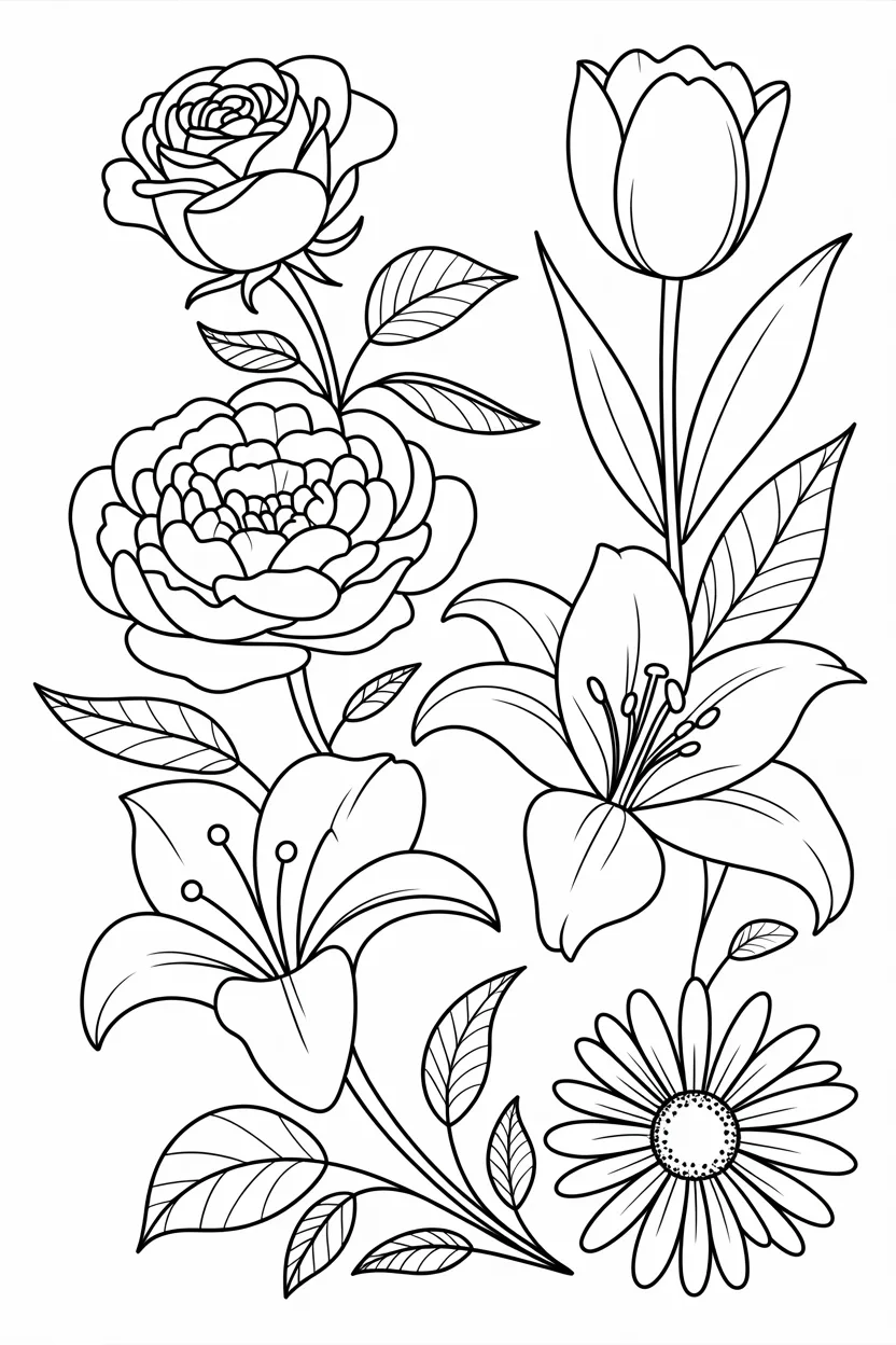Flowers Design 4 - Flowers Coloring Pages Free Printable - Rose, Lily