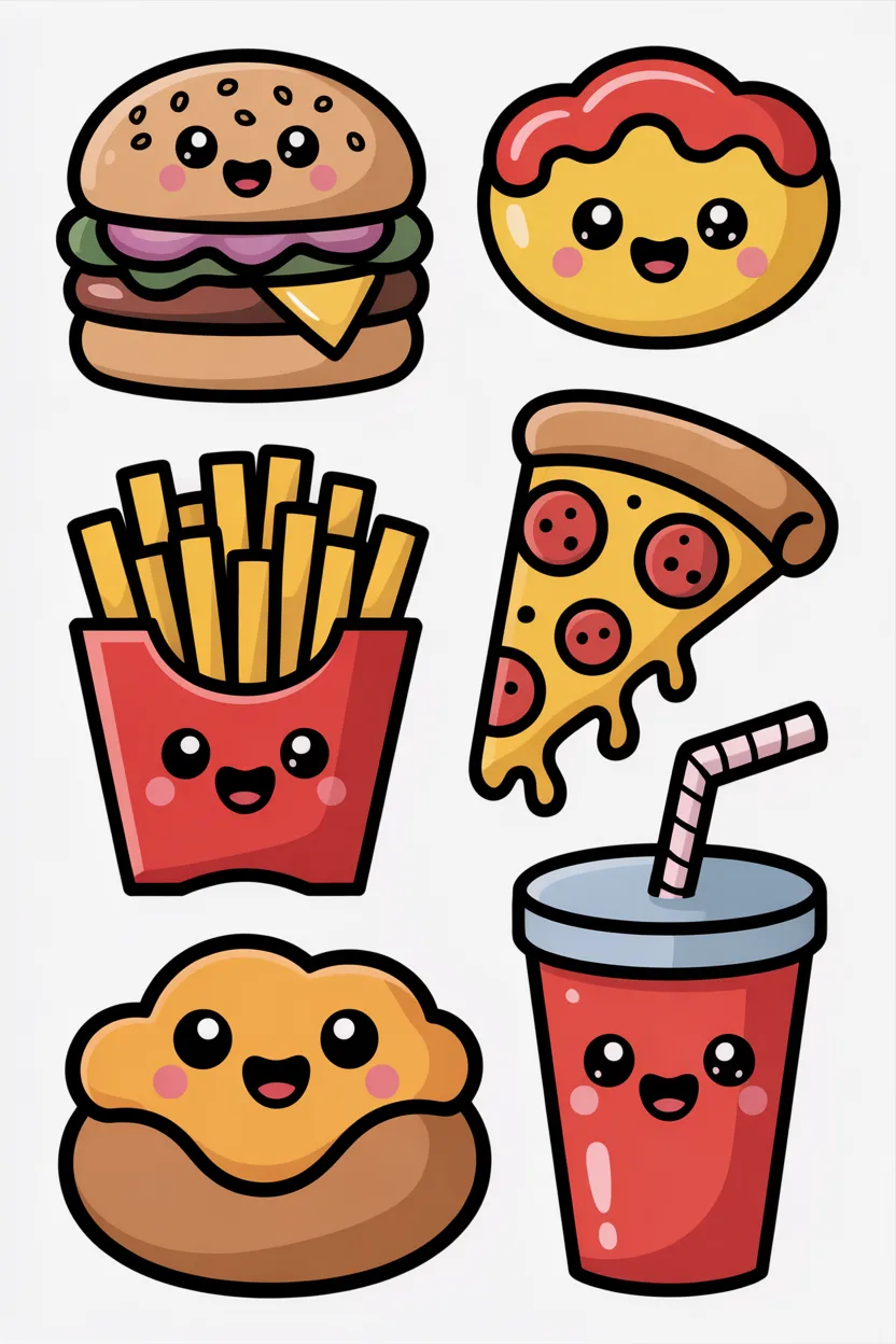 Food doodle stickers Design 1 - Food Doodle Stickers Free Printable - Cute