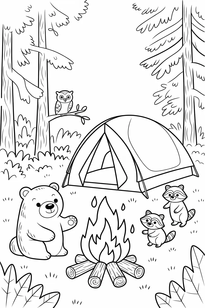 Forest animals camping Design 1 - Forest Animals Camping Coloring Pages Free Printable
