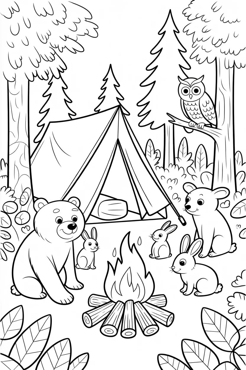 Forest animals camping Design 2 - Forest Animals Camping Coloring Pages Free Printable