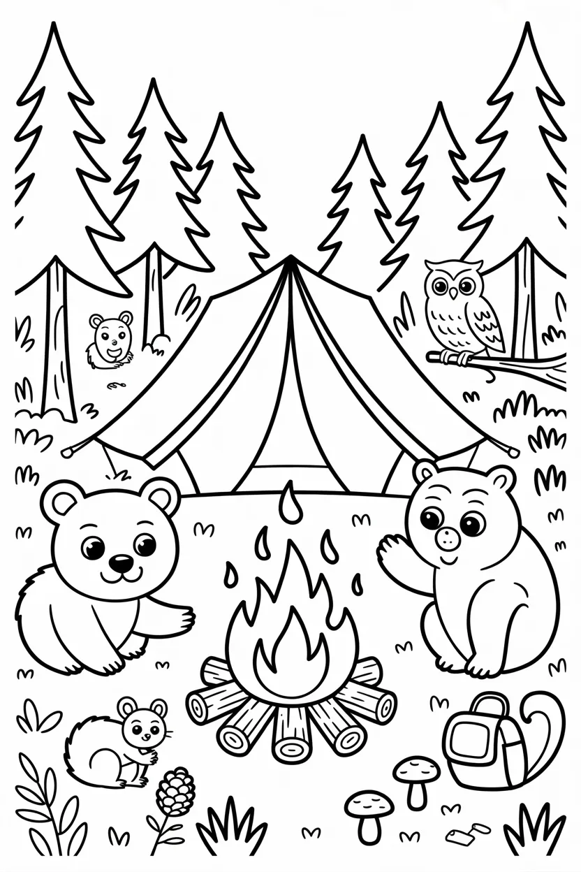 Forest animals camping Design 3 - Forest Animals Camping Coloring Pages Free Printable