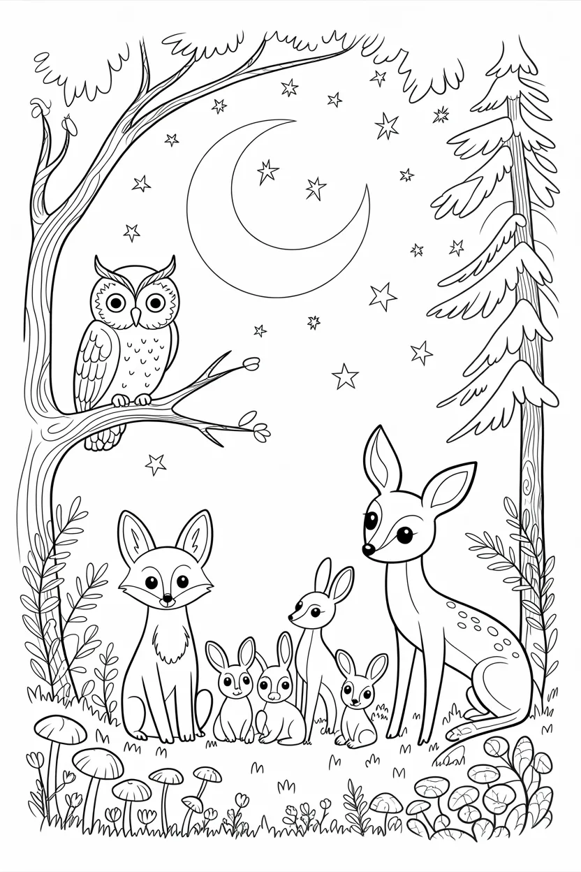 Forest animals night Design 1 - Forest Animals Coloring Pages Night Scene Free Printable
