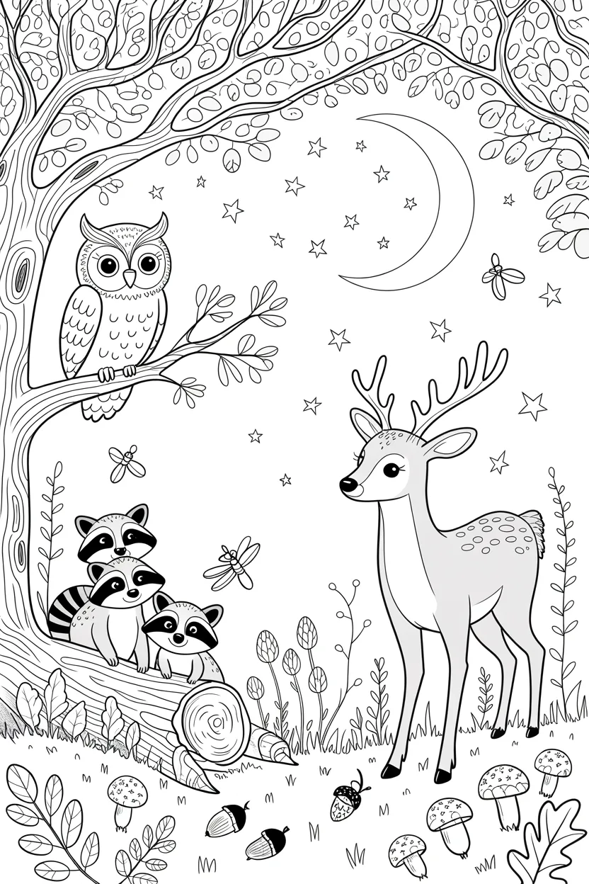 Forest animals night Design 1 - Forest Animals Coloring Pages Night Scene Free Printable (2)