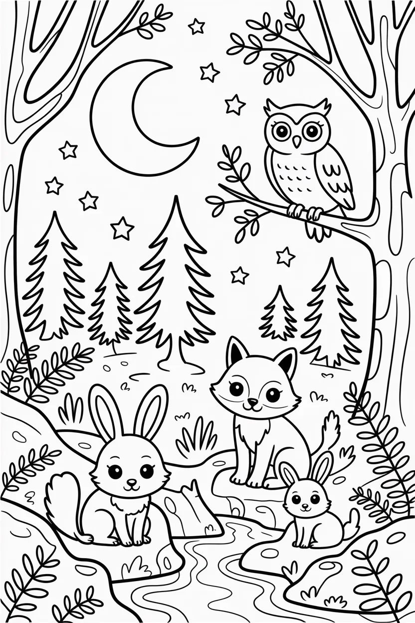 Forest animals night Design 3 - Forest Animals Coloring Pages Night Scene Free Printable