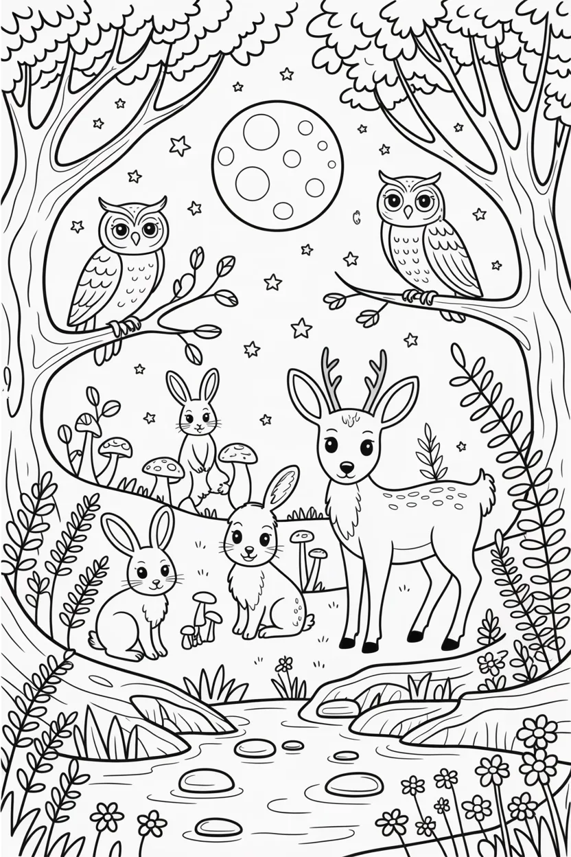 Forest animals night Design 4 - Forest Animals Coloring Pages Night Scene Free Printable