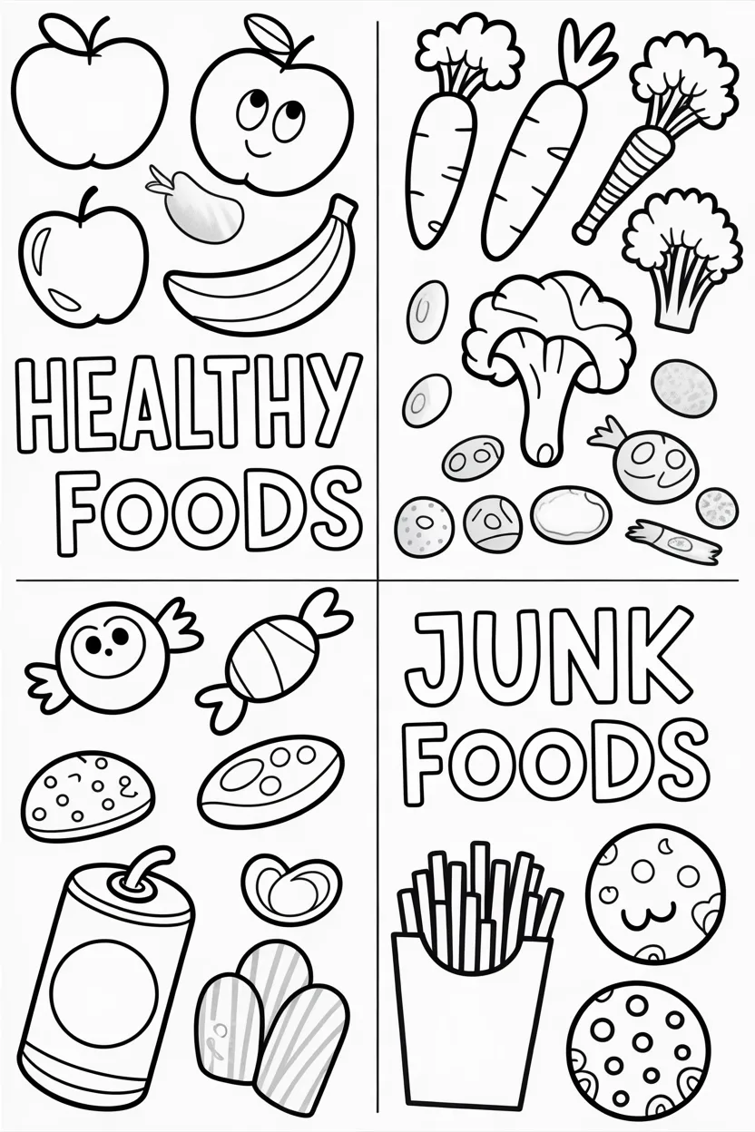 Healthy junk Design 1 - Healthy Foods vs Junk Foods Coloring Pages Free Printable