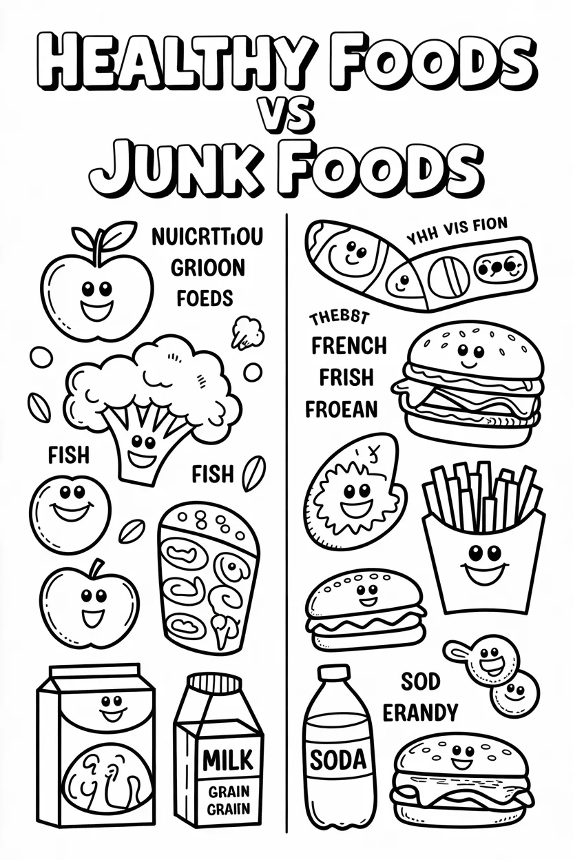 Healthy junk Design 2 - Healthy Foods vs Junk Foods Coloring Pages Free Printable