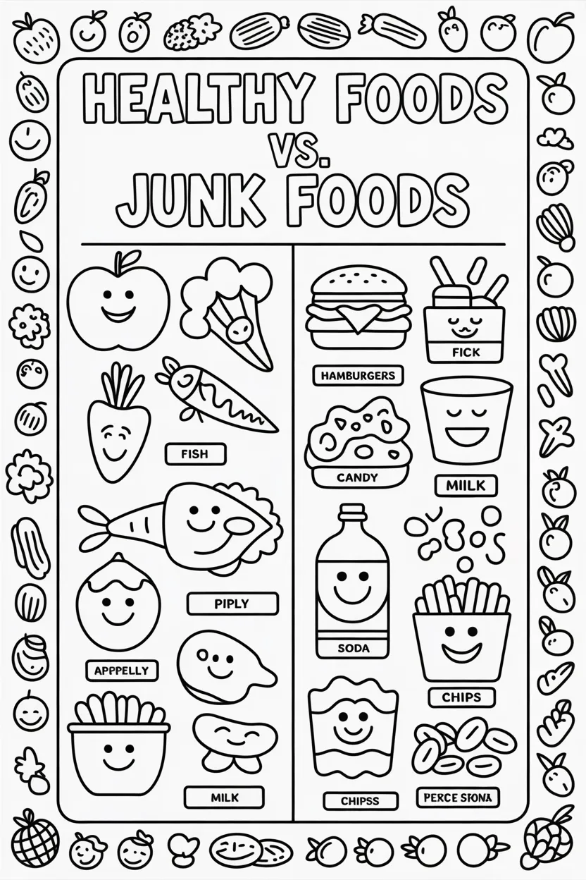 Healthy junk Design 3 - Healthy Foods vs Junk Foods Coloring Pages Free Printable