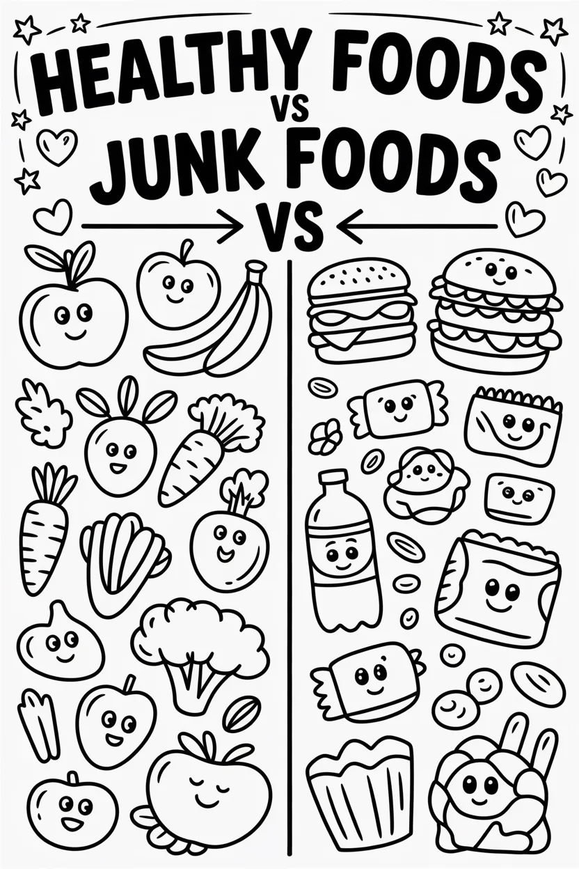 Healthy junk Design 4 - Healthy Foods vs Junk Foods Coloring Pages Free Printable