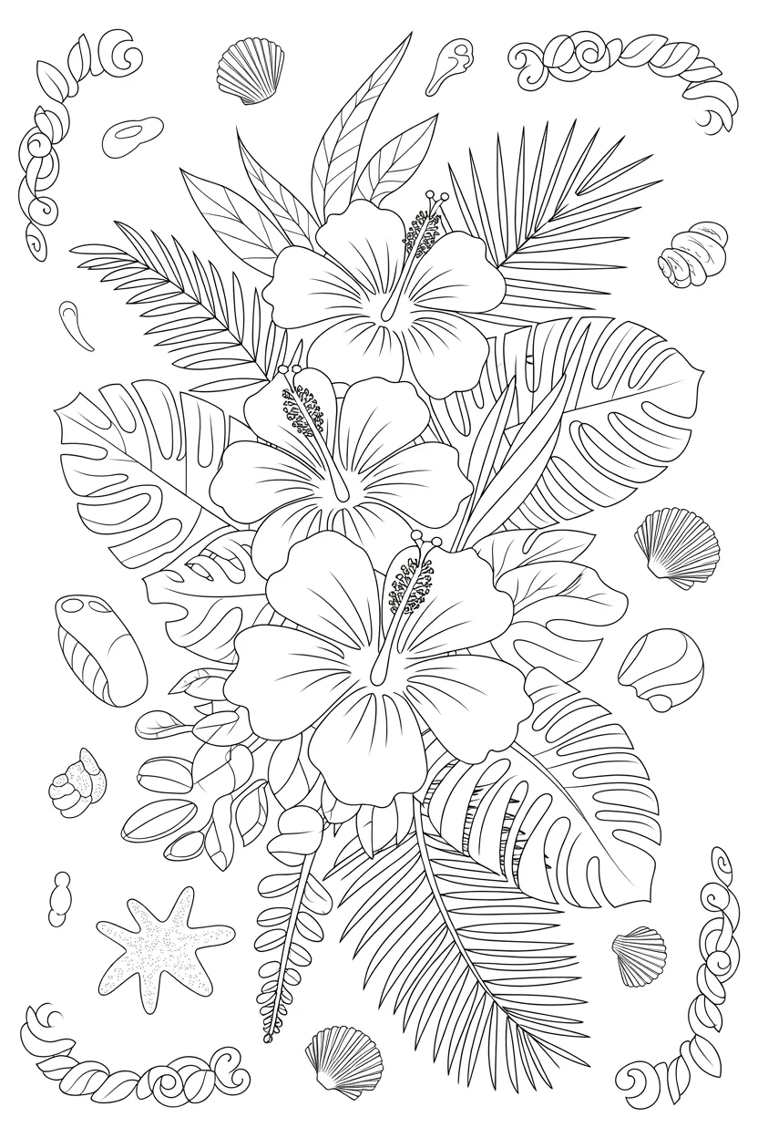 Hibiscus flowers Design 1 - Hibiscus Flowers Coloring Pages Free Printable - Beautiful