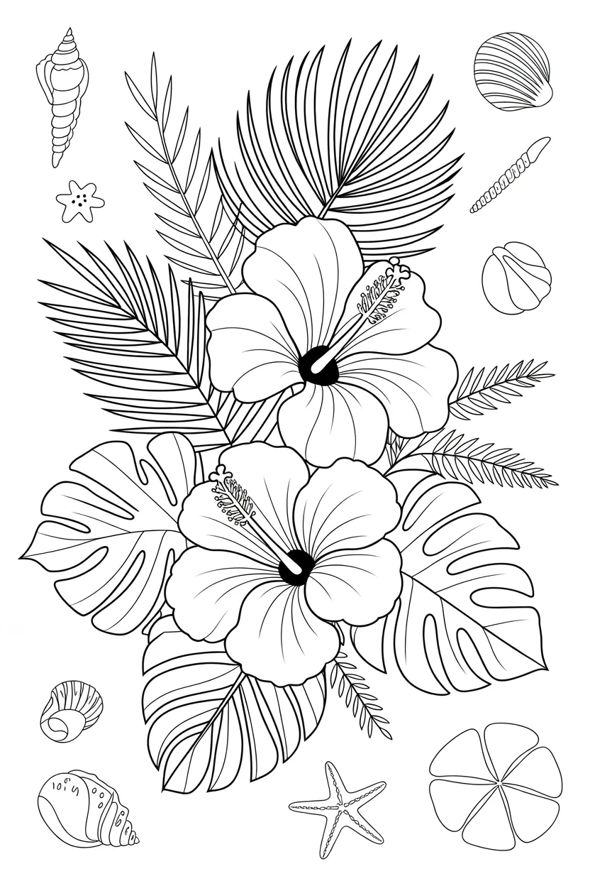 Hibiscus flowers Design 4 - Hibiscus Flowers Coloring Pages Free Printable - Beautiful