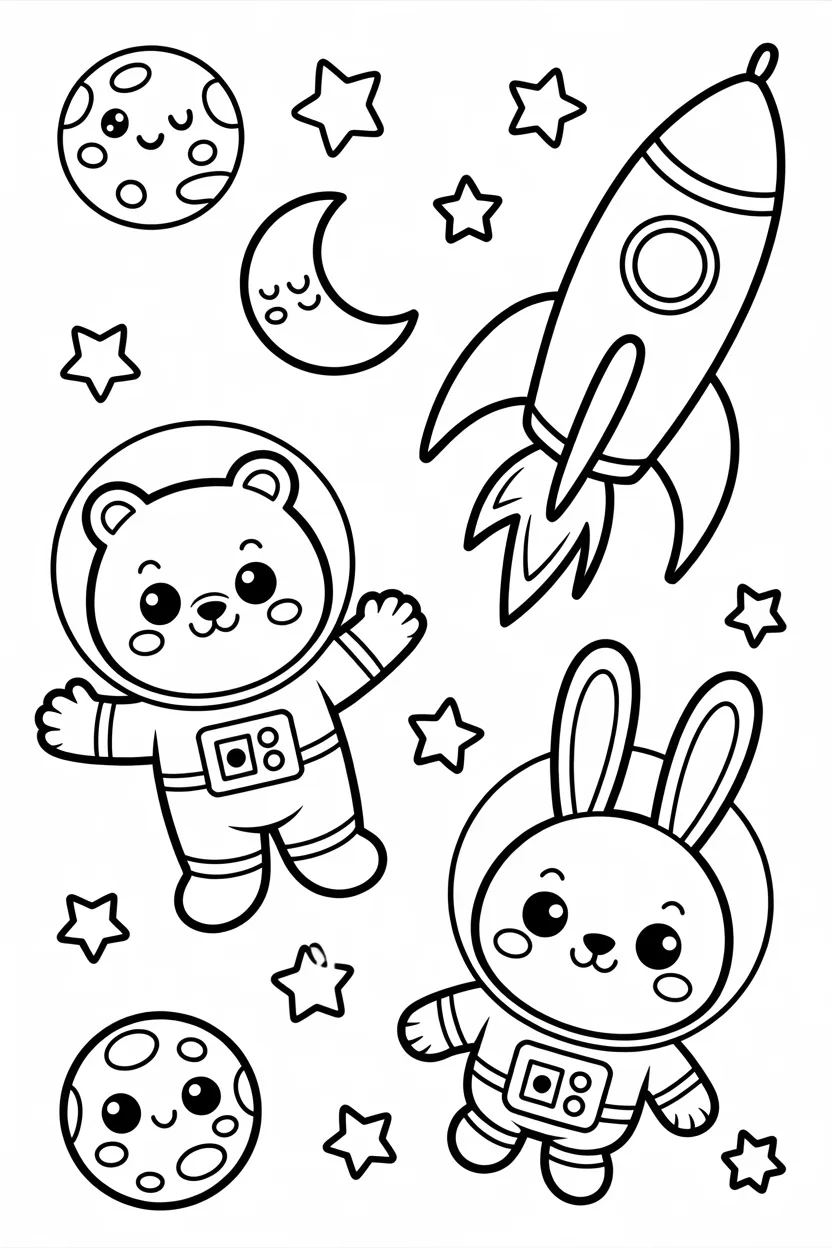 Kawaii animals space Design 1 - Kawaii Animals in Space Coloring Pages Free Printable