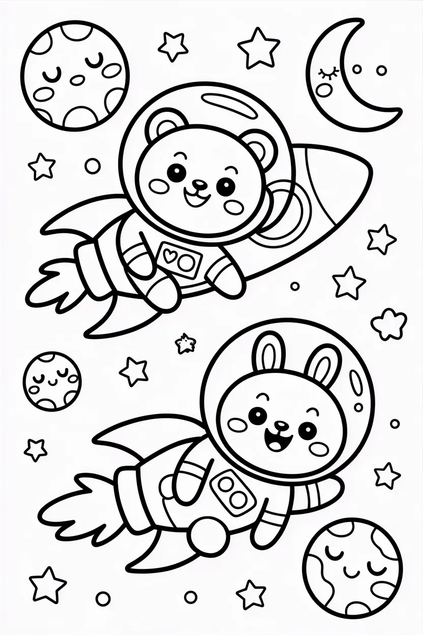 Kawaii animals space Design 2 - Kawaii Animals in Space Coloring Pages Free Printable