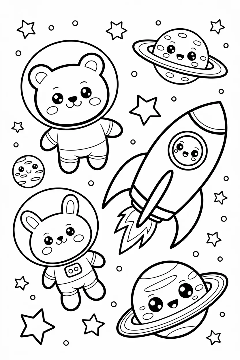 Kawaii animals space Design 3 - Kawaii Animals in Space Coloring Pages Free Printable