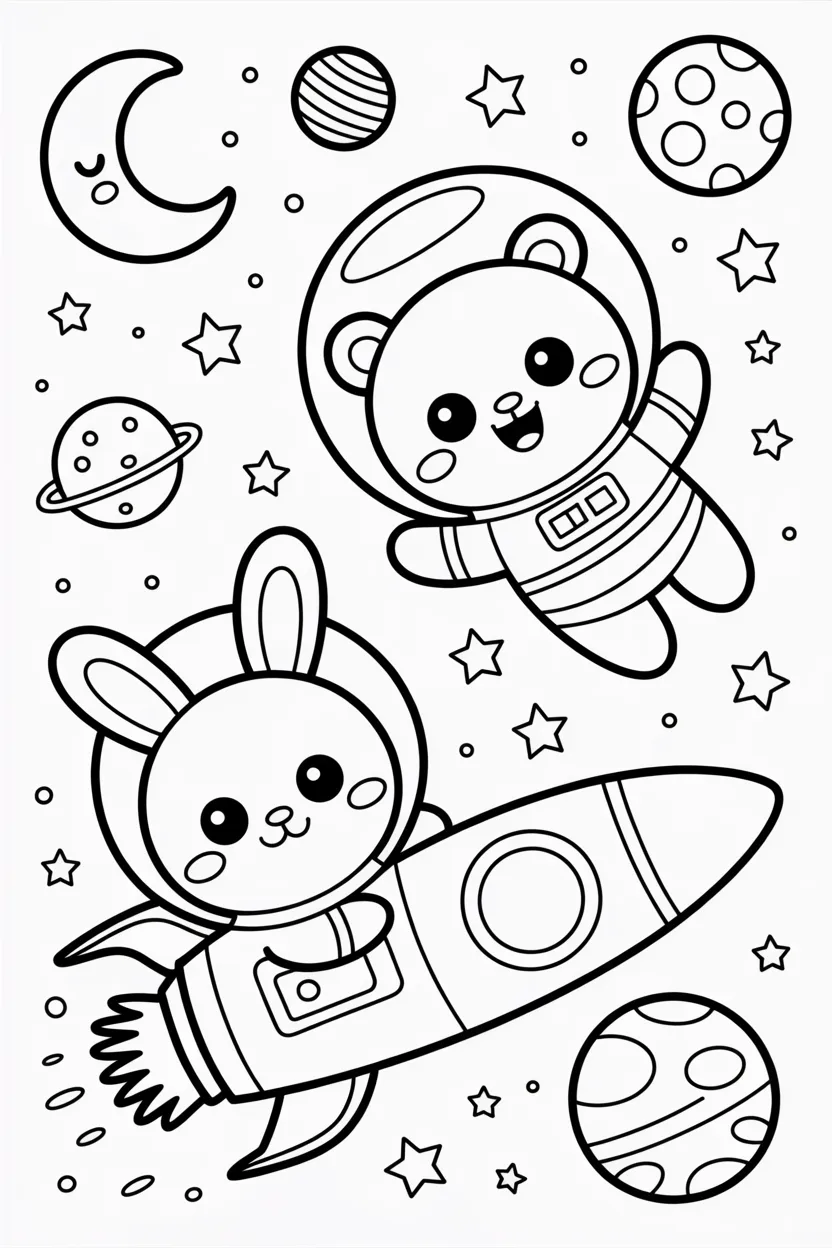 Kawaii animals space Design 4 - Kawaii Animals in Space Coloring Pages Free Printable