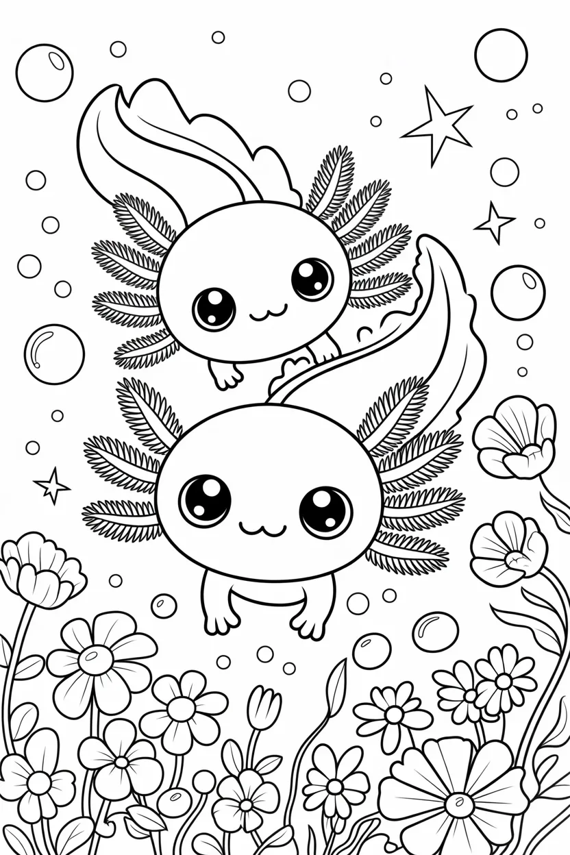 Kawaii axolotls Design 1 - Kawaii Axolotls Coloring Pages Free Printable for Kids