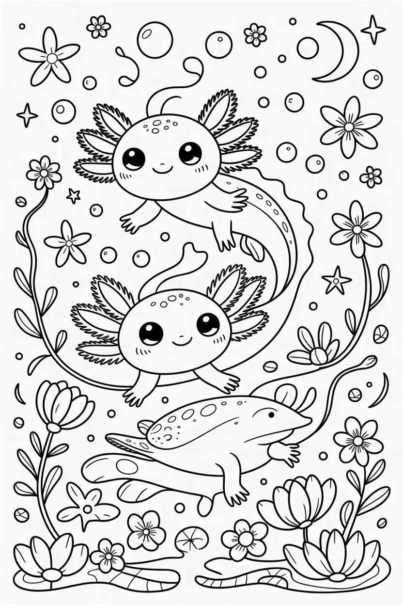 Kawaii axolotls Design 2 - Kawaii Axolotls Coloring Pages Free Printable for Kids