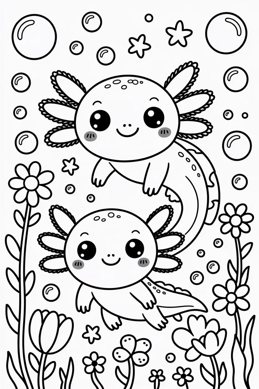 Kawaii axolotls Design 3 - Kawaii Axolotls Coloring Pages Free Printable for Kids