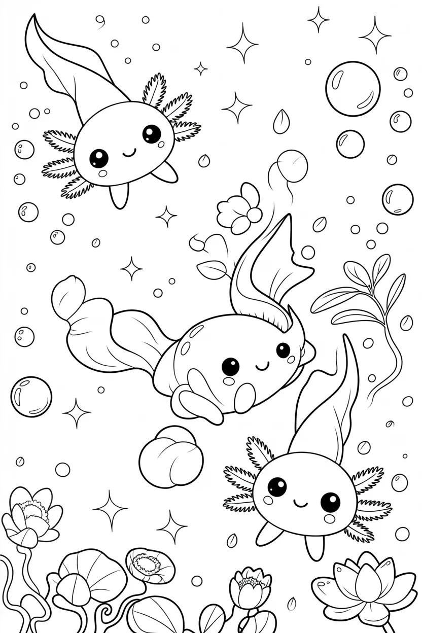 Kawaii axolotls Design 4 - Kawaii Axolotls Coloring Pages Free Printable for Kids